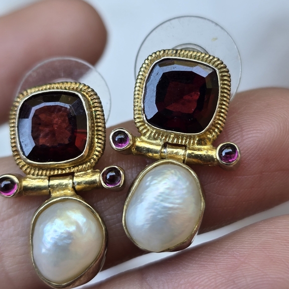 Gold Tone Sterling Earrings with burgandy Stones and Pearls - Picture 2 of 6